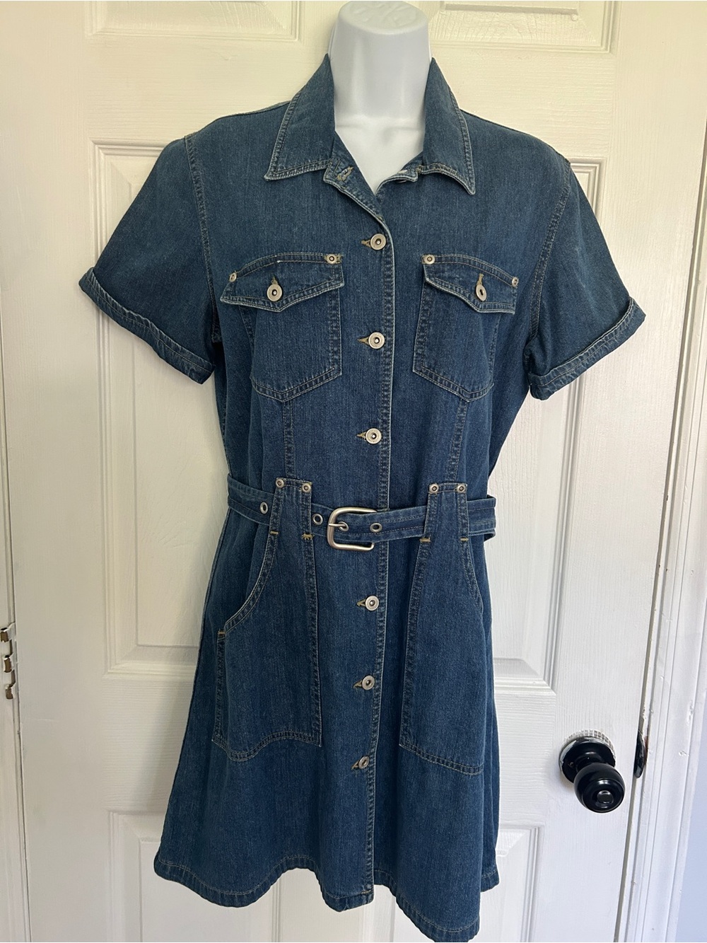 Liz Claiborne Dark Blue Denim Short-Sleeve Shirt Dress with Belt